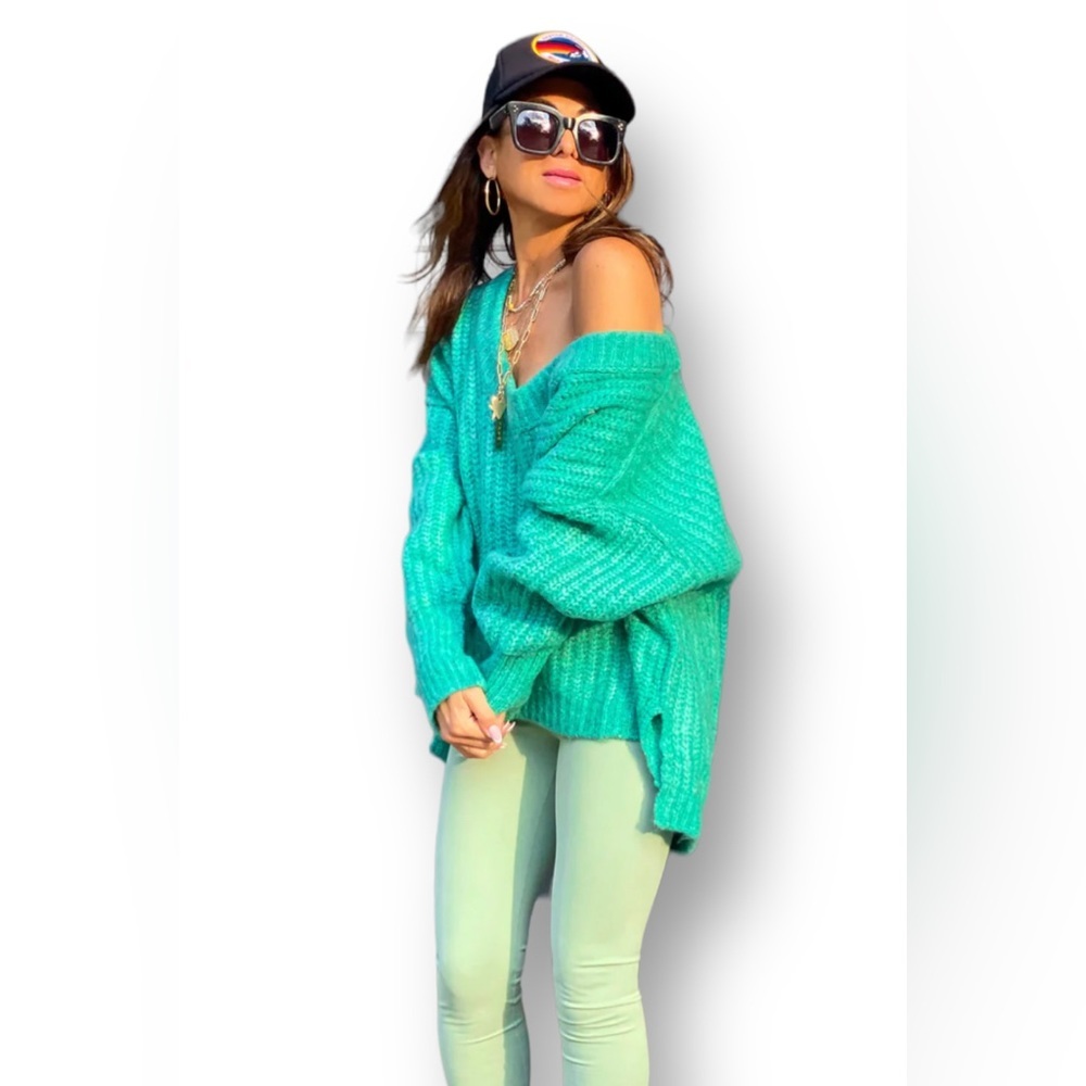 Free People Blue Bell V-Neck Sweater Electric Teal - Picture 5 of 5